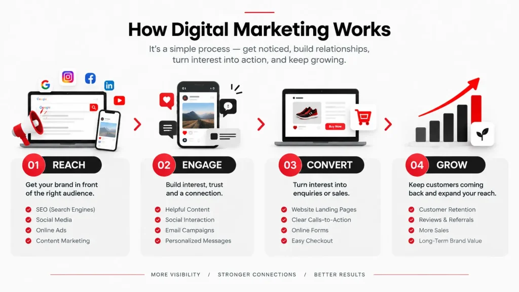 Infographic showing how digital marketing works through reach, engagement, conversions, and business growth.